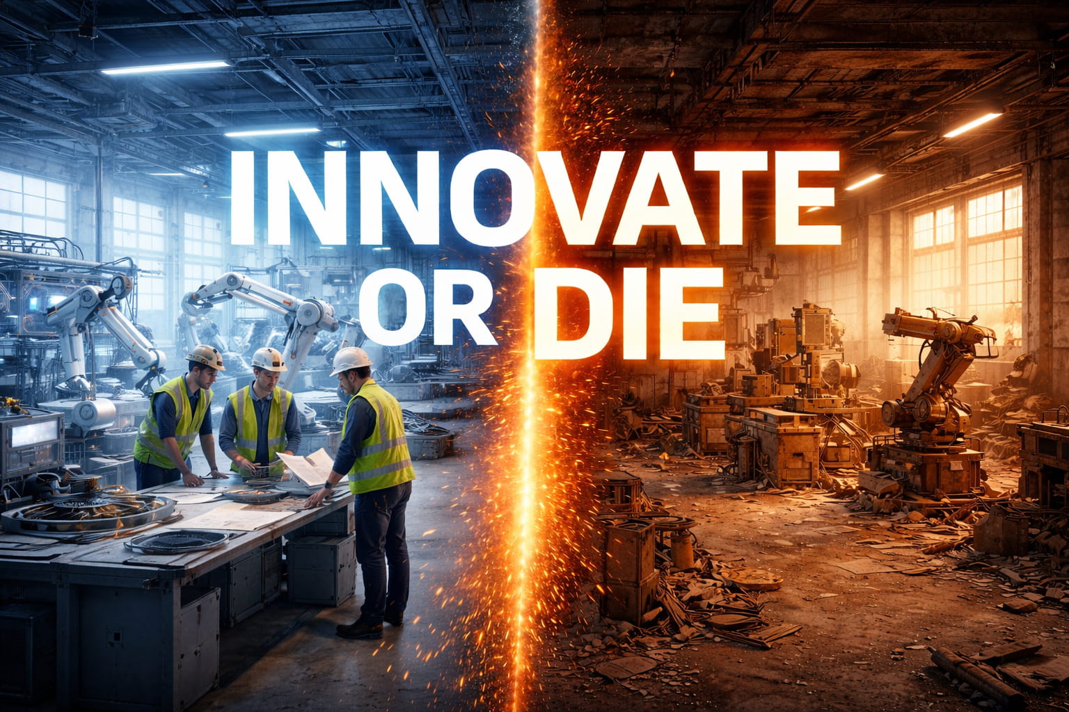 Geteilte Fabrikhalle: links helle, moderne Robotik mit Ingenieuren bei der Arbeit, rechts veraltete stillstehende Maschinen; Schriftzug „INNOVATE OR DIE“ in der Mitte.